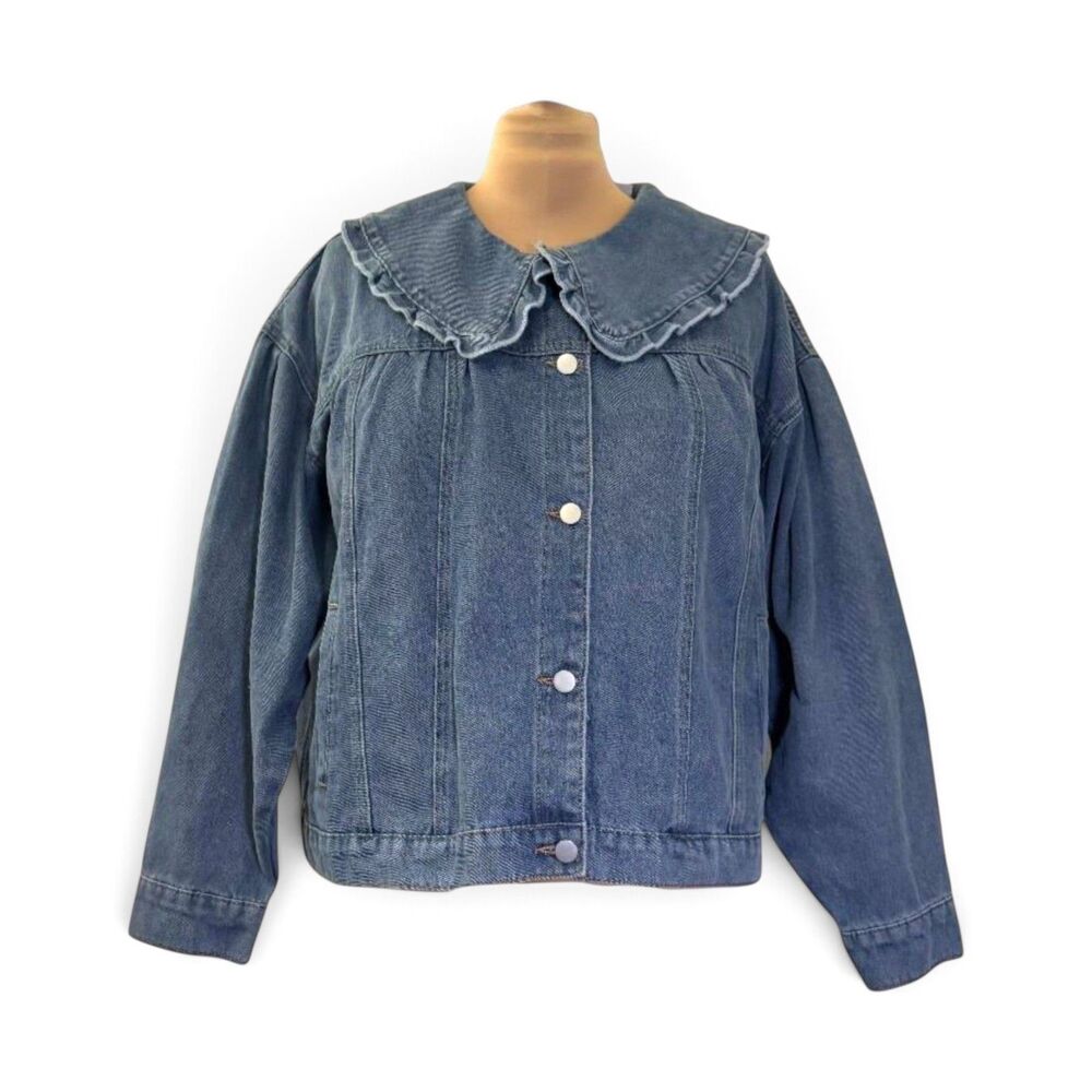 BAEVELY Polagram Exaggerated Ruffle Collar Denim Jacket, NWT 3XL